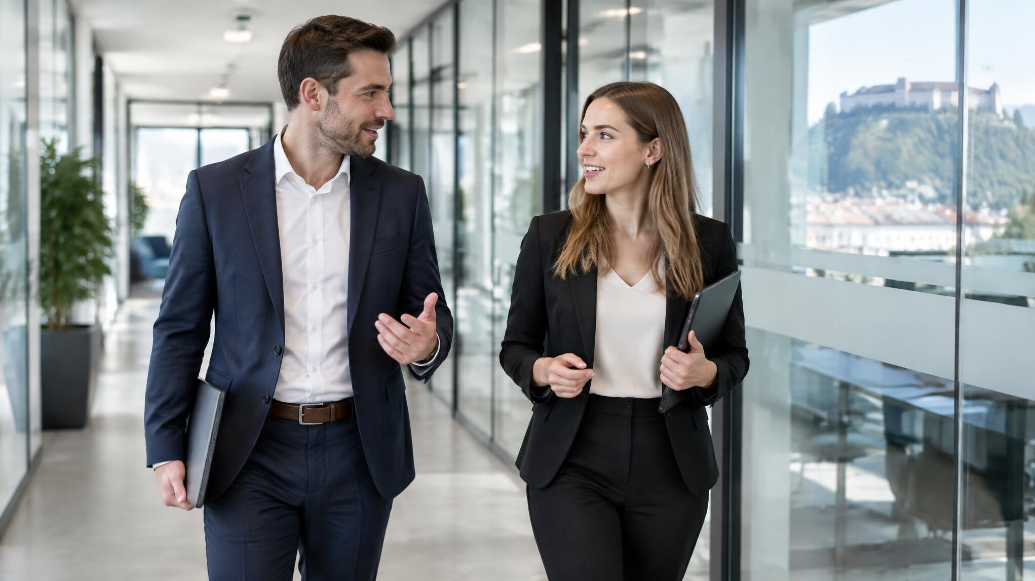 Two colleagues walking and talking in a modern office corridor