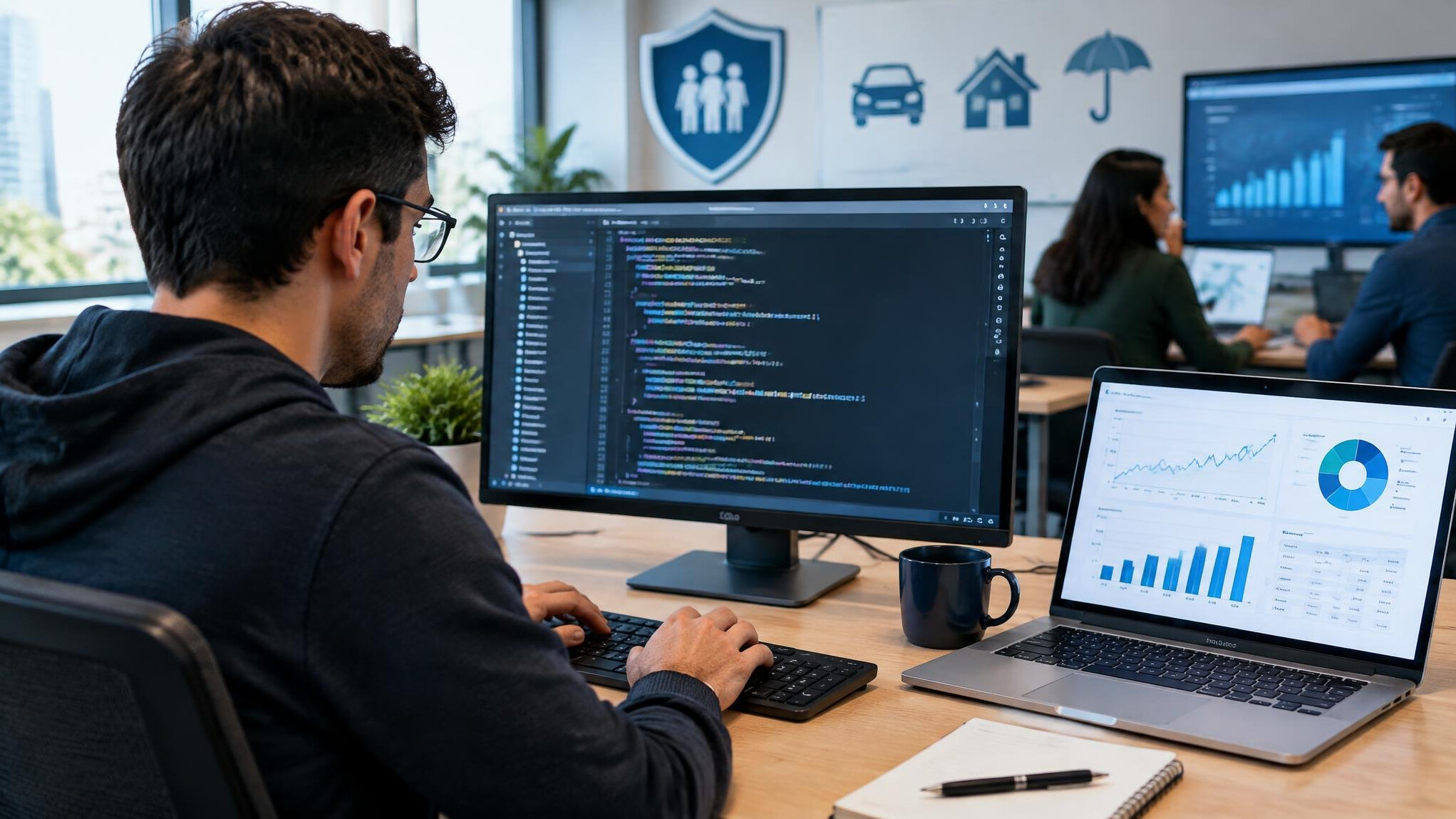 insurance programmer coding at desk