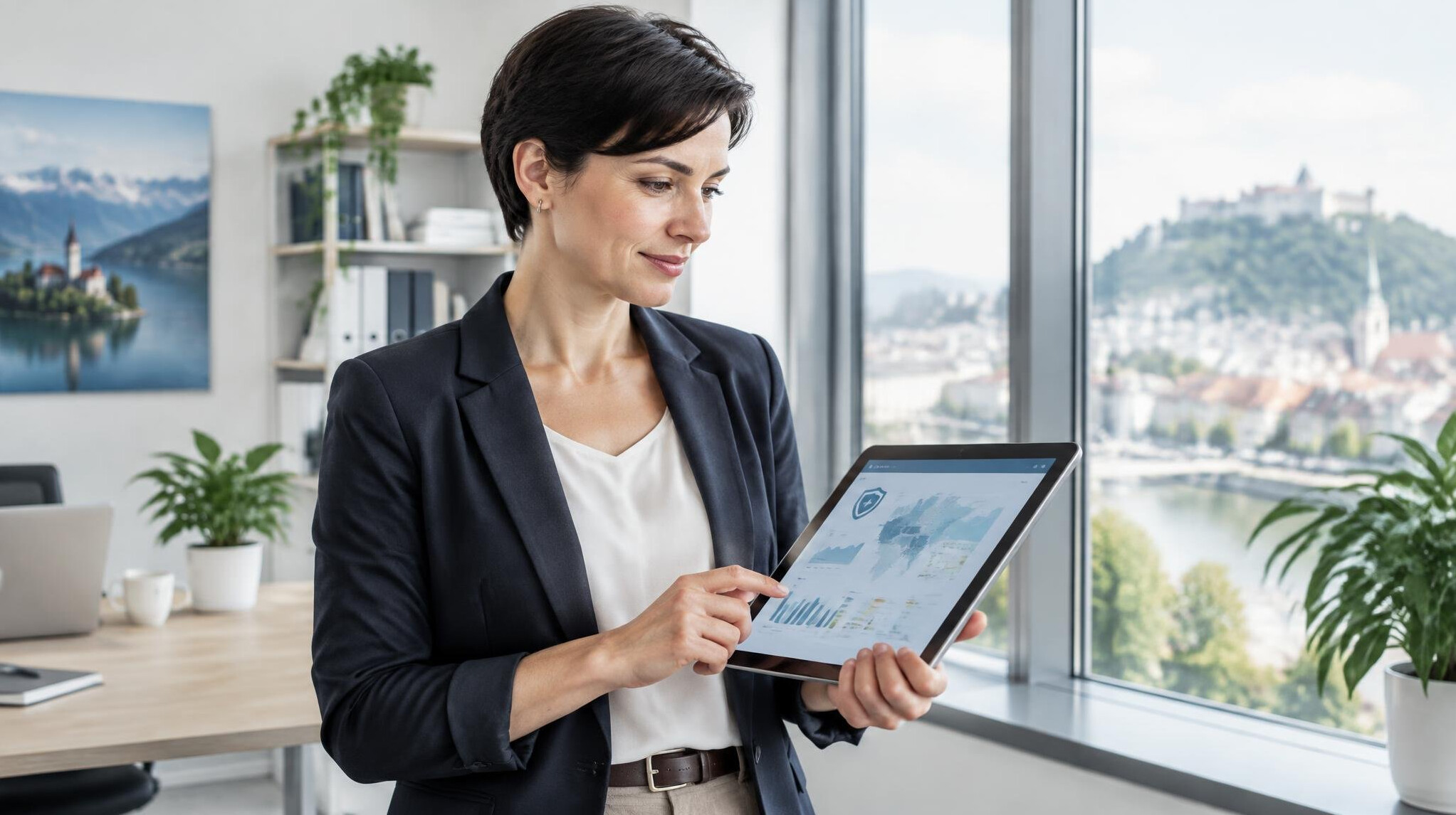 Slovenian businesswoman reviewing insurance analytics on a tablet in a modern office