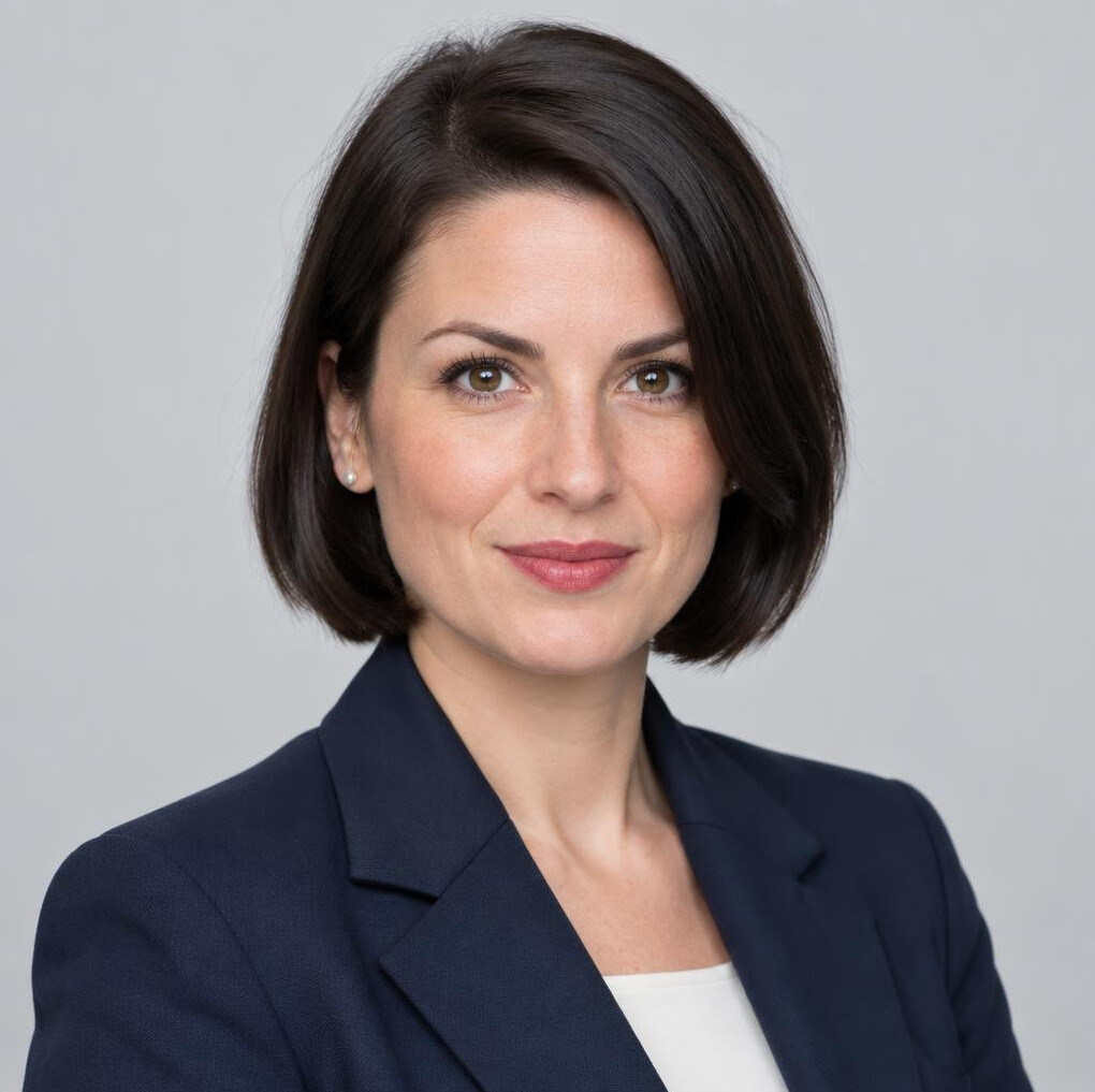 Studio portrait of a Central European woman with dark bob haircut in a blazer