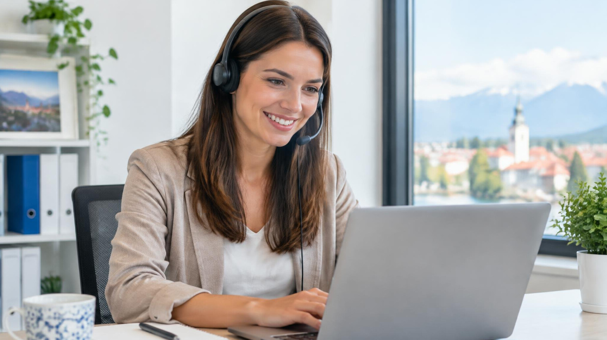 Friendly Central European customer support representative wearing a headset at a desk