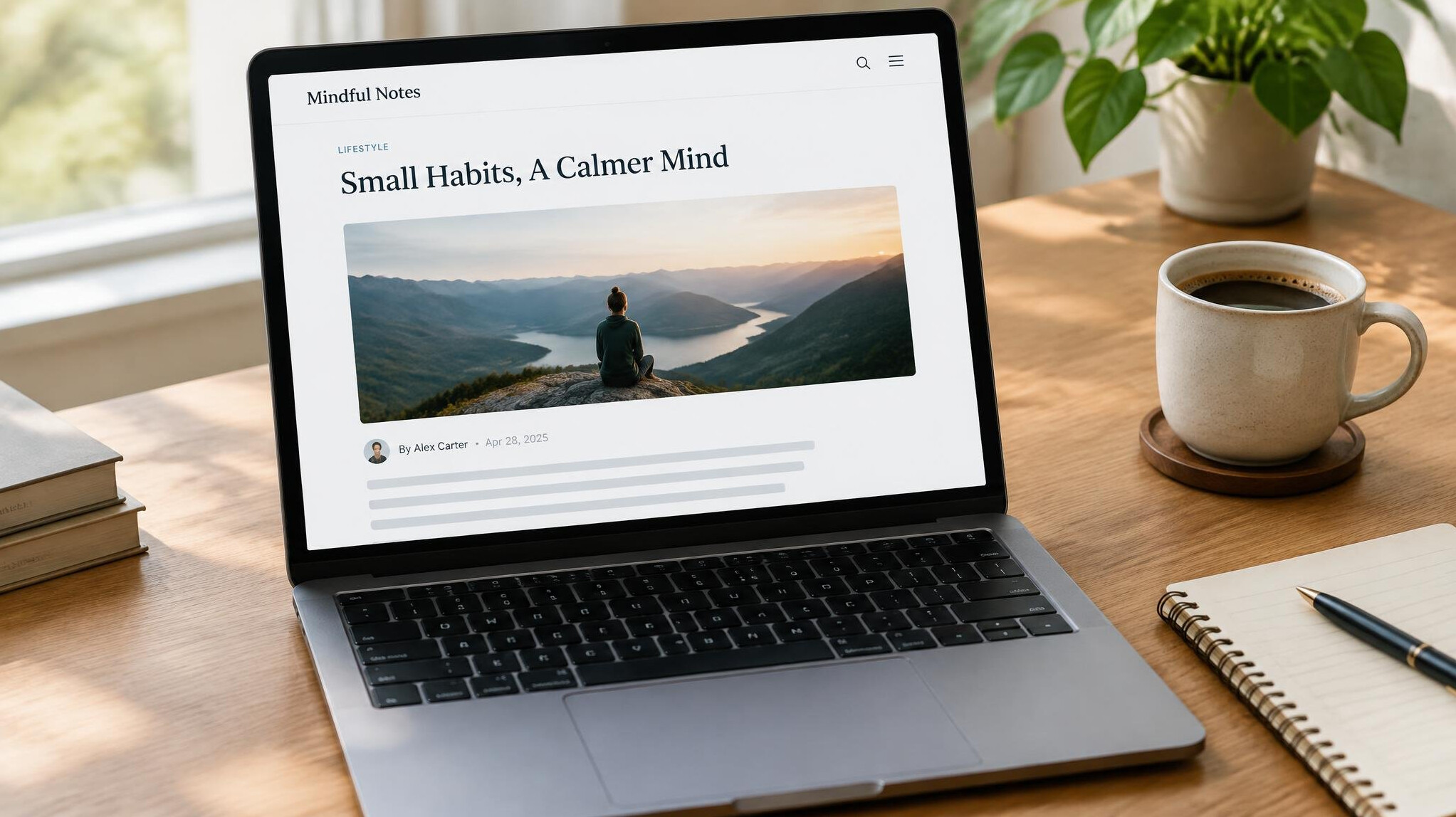 Laptop displaying a published blog article on a wooden desk with a coffee cup