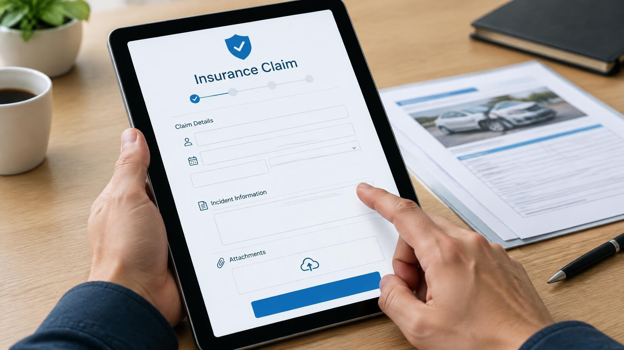 Close-up of hands reviewing a digital claims form on a tablet next to paper documents