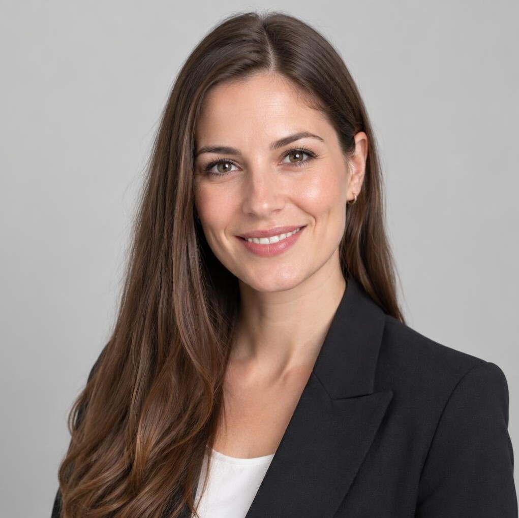 Studio portrait of a Central European woman with long brown hair in a blazer
