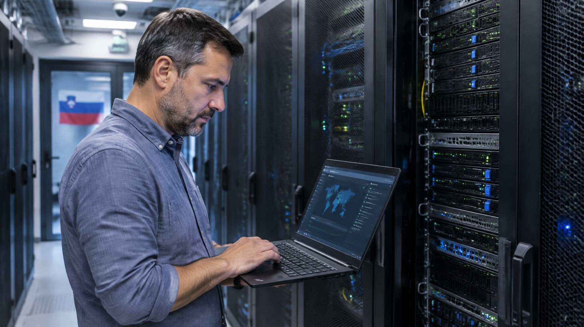IT professional checking security systems in a server room