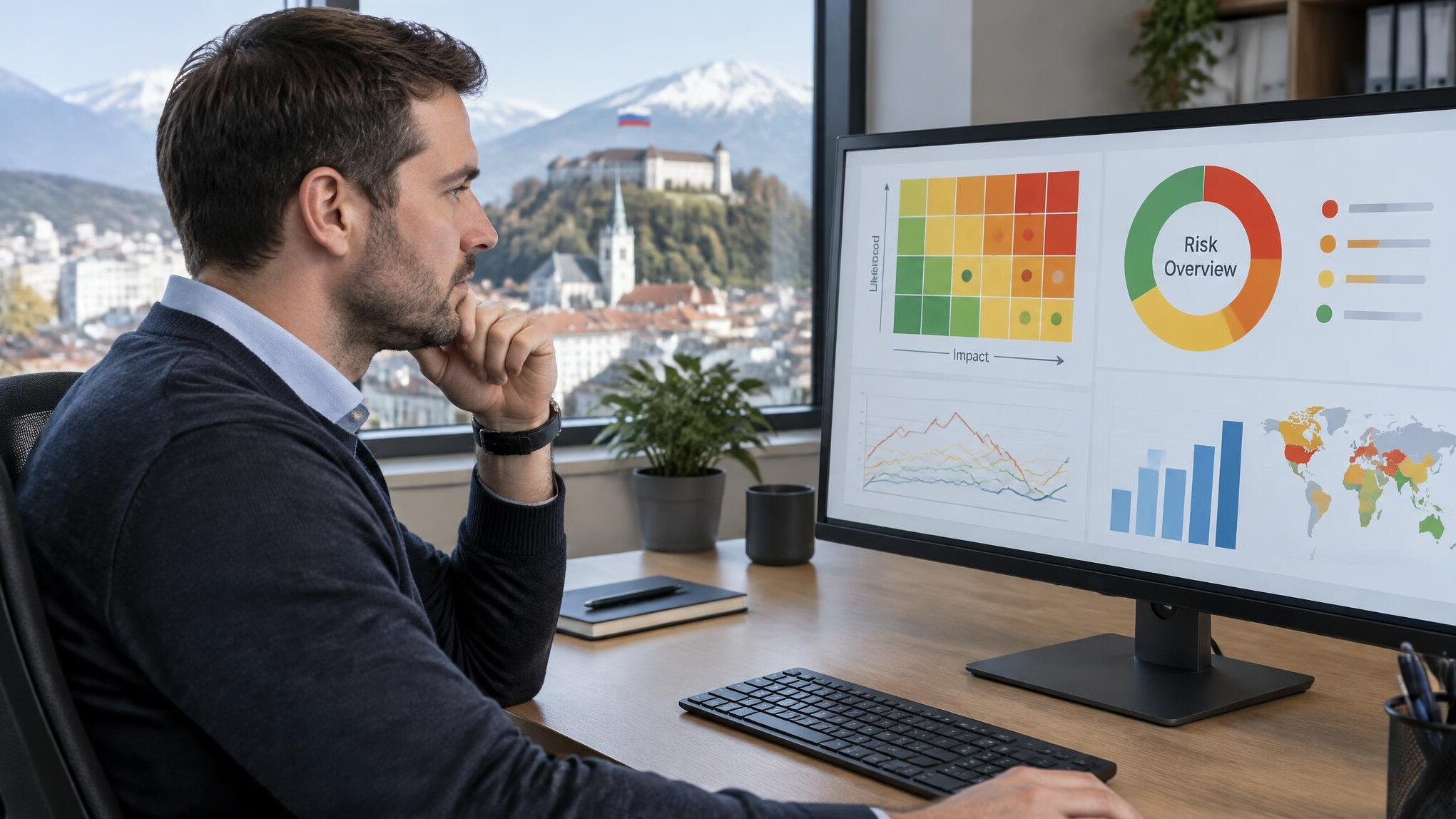Professional analyzing risk assessment charts on a large monitor